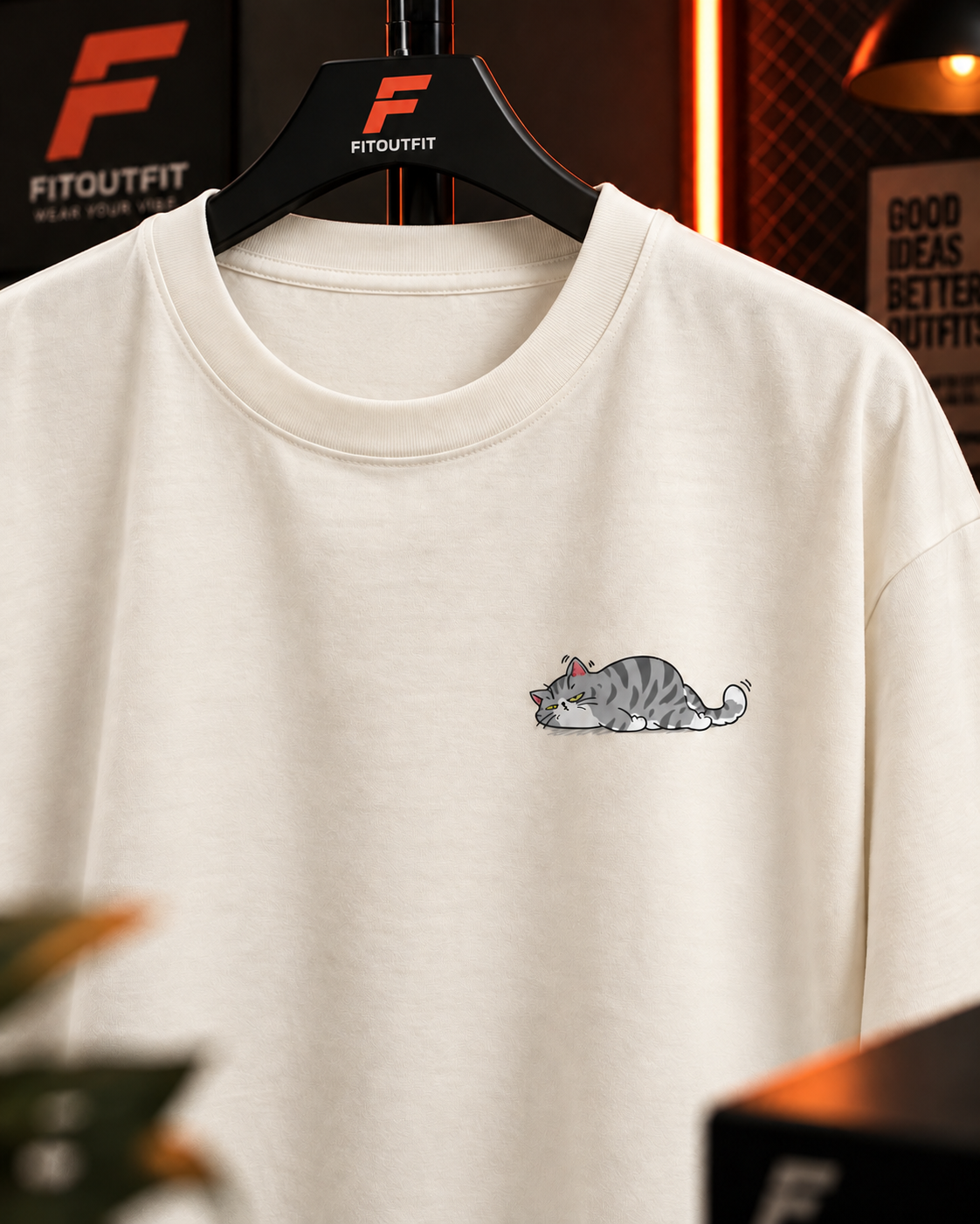An off-white crewneck sweatshirt on a black hanger, featuring a small cartoon illustration of a sleeping gray tabby cat on the left chest. The hanger is branded with the red and black 'FITOUTFIT' logo, and the background shows a warm, dimly lit, stylish interior with blurred elements.