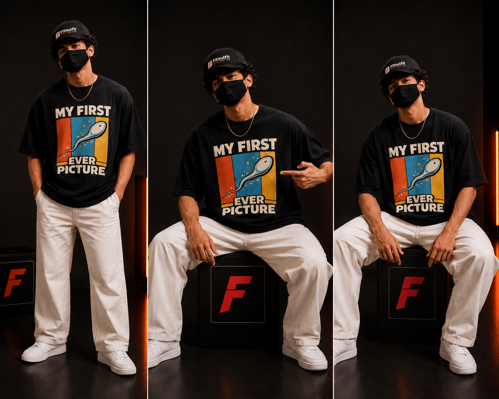 A three-panel lifestyle photo of a man wearing a black graphic t-shirt with a colorful tennis racket design and the text 'MY FIRST EVER PICTURE'. He is also wearing white sweatpants, white sneakers, and a black cap, posing in front of a dark studio background with a black box featuring a red 'F'.